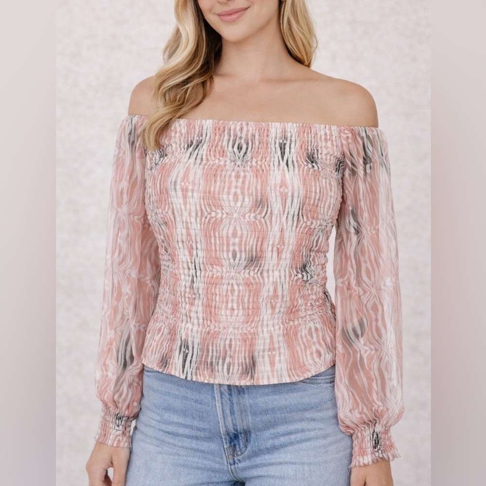 Anthropologie Pink Rouen Smocked Off-Shoulder Top - Sheer Sleeves - Sz L